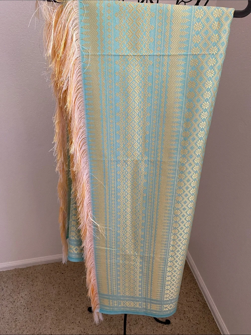 Ornate Aqua and Gold Woven Tablecloth with Fringe Trim